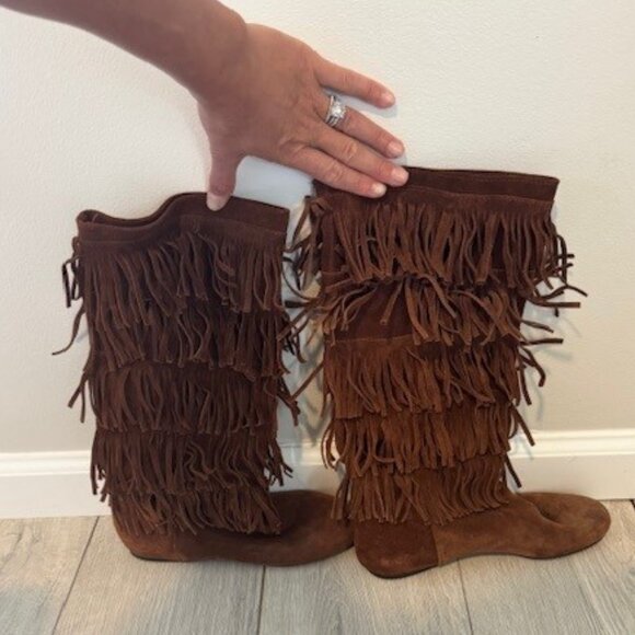 JOIE Fringe Flat Boot 38 Boho Cognac Suede - Picture 2 of 6